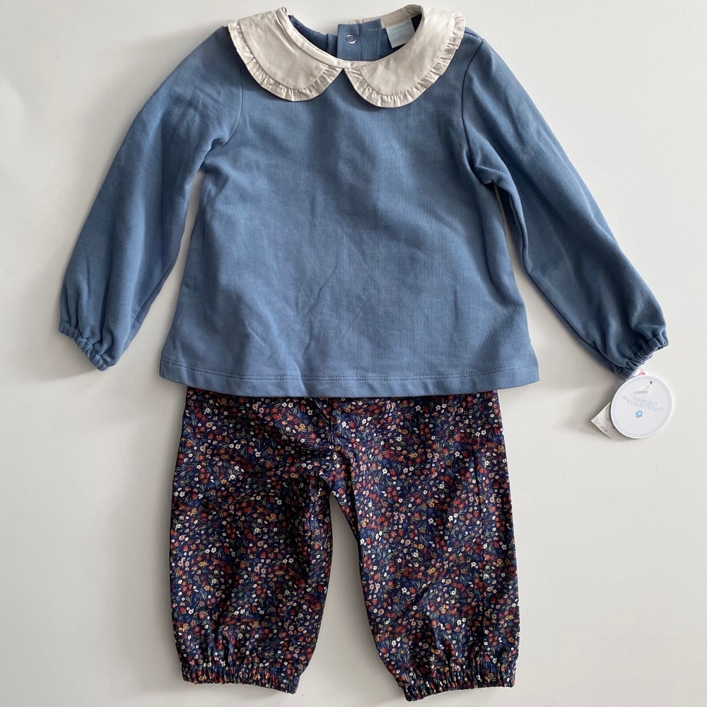 Edgehill Collection Girls Peter Pan Long Sleeve Top & Floral Pants Set Nwt